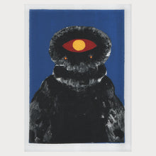 Load image into Gallery viewer, A surreal painting by Danz CM, entitled "LUM #1", depicting one of her LUM characters - a black, furry alien-monster-like figure with a single large red eye and a yellow center, set against a solid blue background, framed by a white border.
